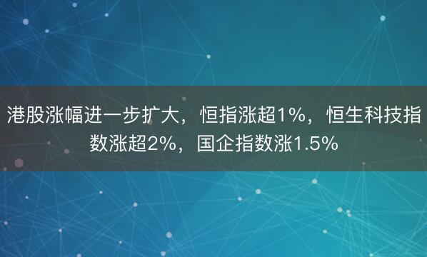 港股涨幅进一步扩大，恒指涨超1%，恒生科技指数涨超2%，国企指数涨1.5%