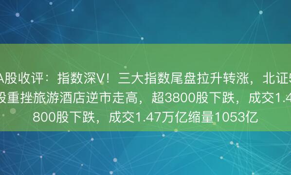 A股收评：指数深V！三大指数尾盘拉升转涨，北证50涨0.94%，微盘股重挫旅游酒店逆市走高，超3800股下跌，成交1.47万亿缩量1053亿