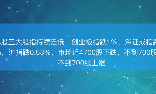 A股三大股指持续走低，创业板指跌1%，深证成指跌0.9%，沪指跌0.53%，市场近4700股下跌，不到700股上涨